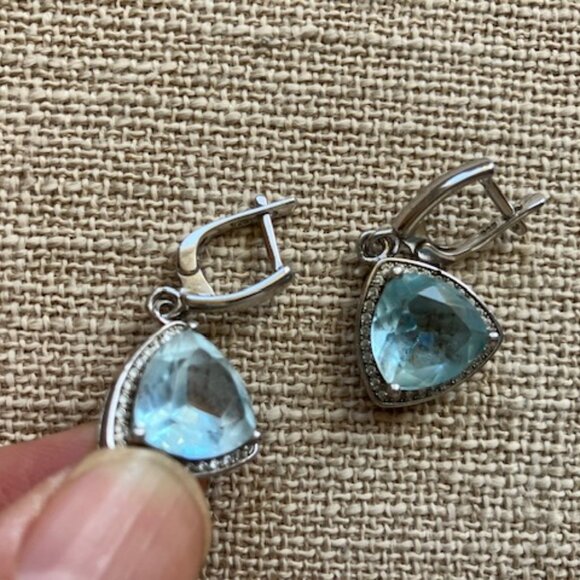 Sterling Silver Aquamarine Diamond Earrings - Picture 3 of 5